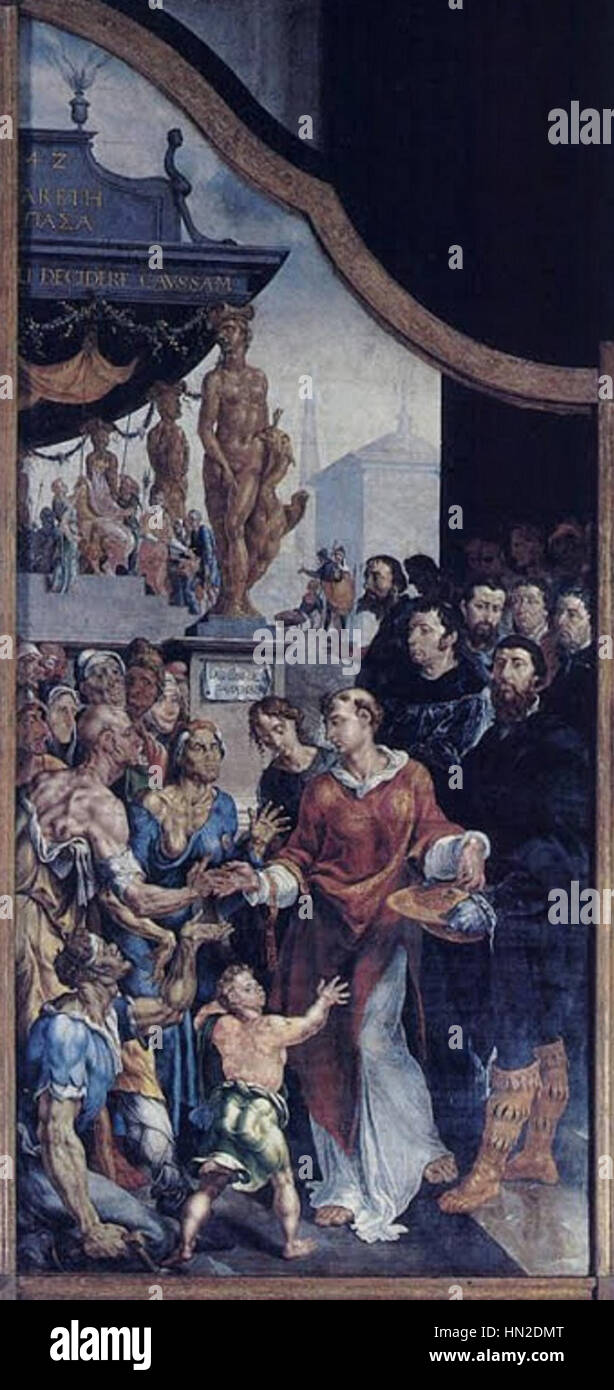 Le « groupe Laurence Gives Food to the Poor » de Maarten van Heemskerck représente l’acte de charité du saint, mettant en valeur sa compassion. La scène met l'accent sur les thèmes de la générosité et des soins aux moins fortunés. Banque D'Images