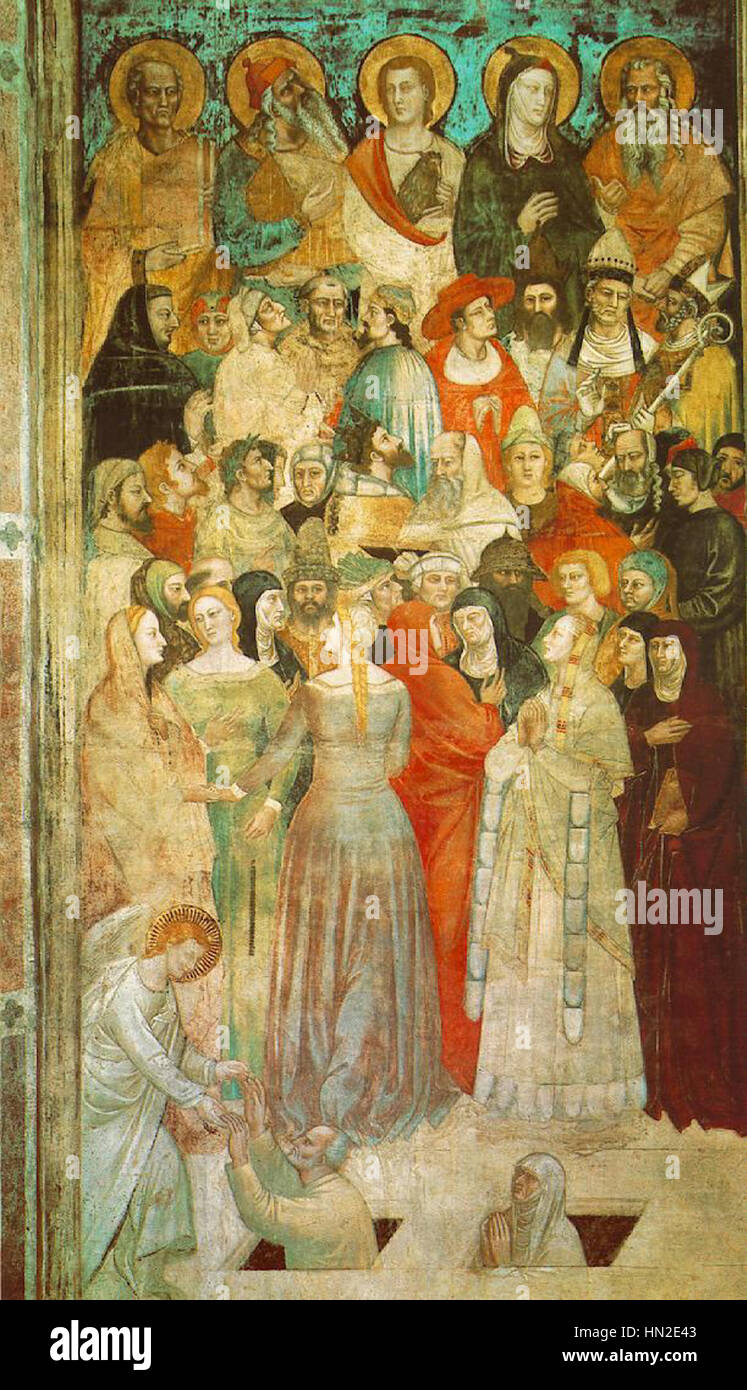 Le « jugement dernier » de Nardo di Cione (détail) fait partie d'une fresque plus grande représentant le jugement final biblique. La scène capture la séparation divine des sauvés et des damnés, mettant en valeur la représentation détaillée par Cione des anges, des saints et des pécheurs. Son utilisation de couleurs vives et de figures complexes souligne l'intensité dramatique du moment apocalyptique. Banque D'Images