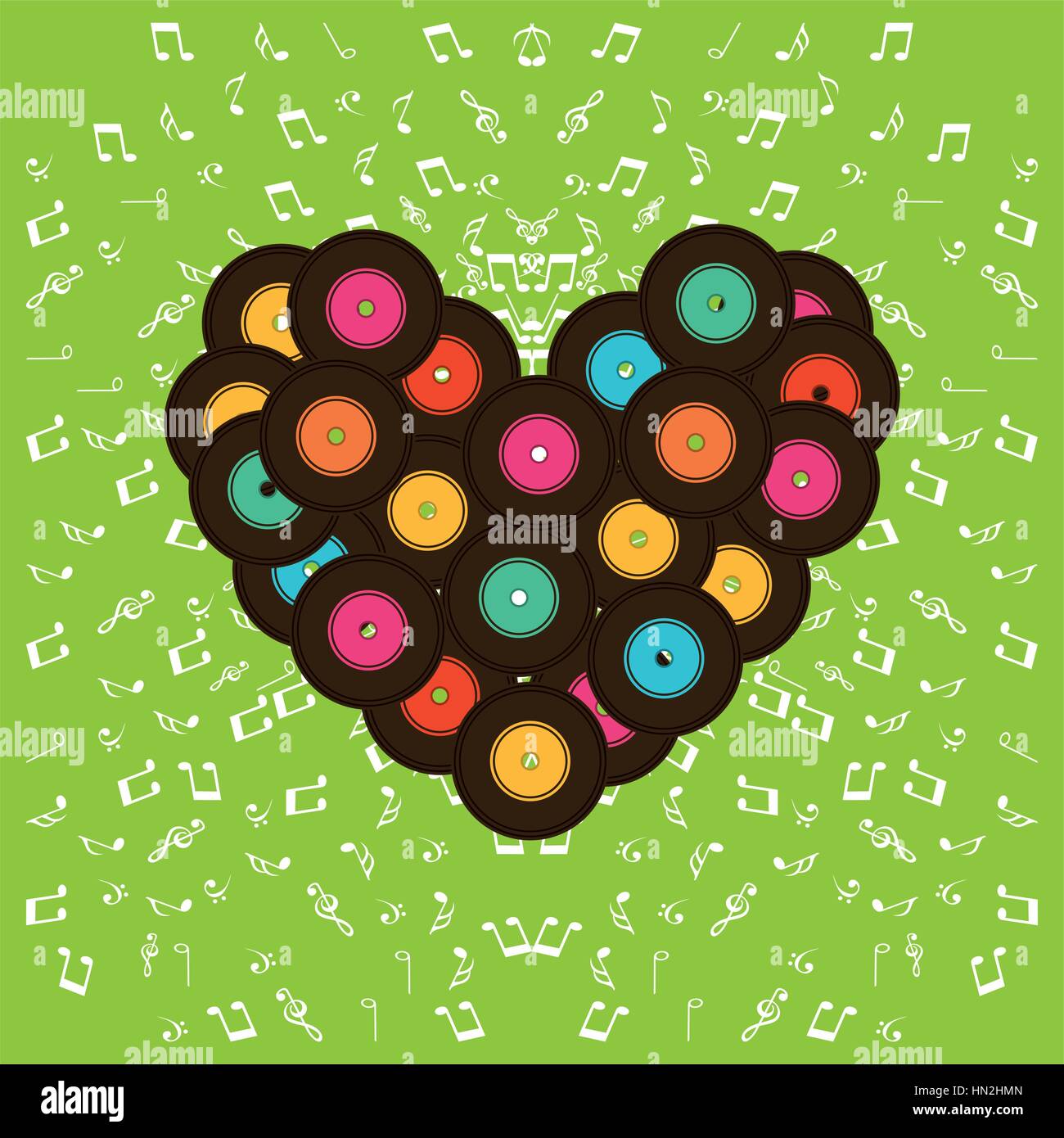 Vinyls de musique en forme de coeur sur fond vert. design coloré. vector illustration Illustration de Vecteur