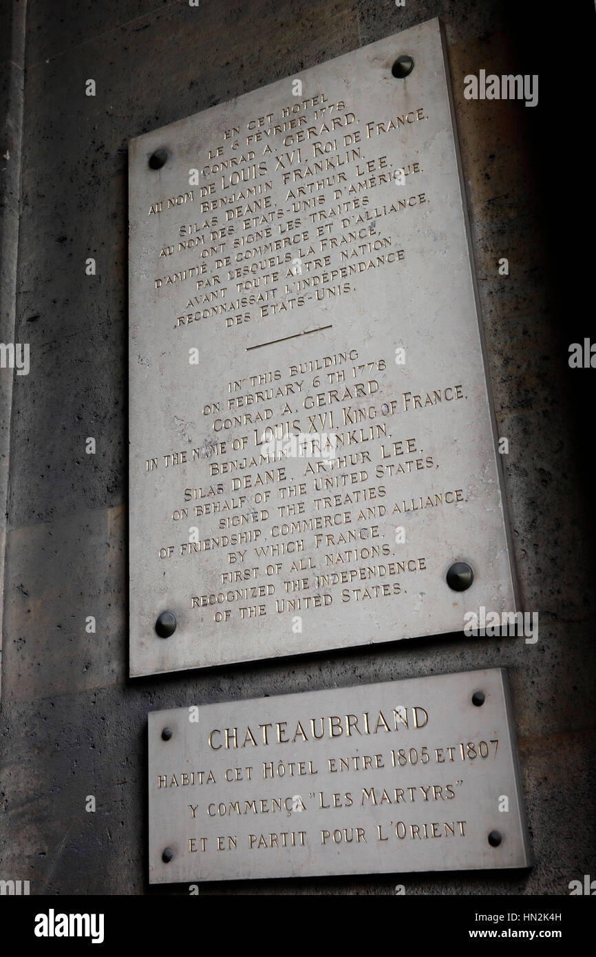 Hôtel de Coislin, Paris France, au 4 de la concorde, 8ème arr., est l'endroit où "Traités d'amitié, de Commerce et de l'Alliance' ont été signés entre les colonies françaises et américaines - signé par Ben Franklin, Silas Deane et Arthur Lee. Banque D'Images