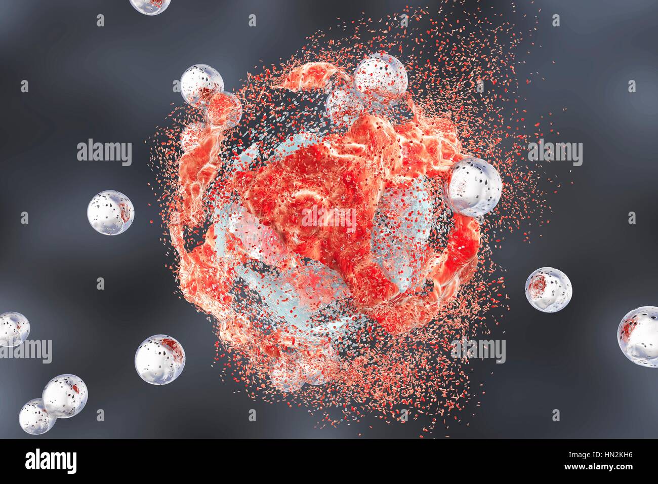 La destruction d'une cellule de cancer par des nanoparticules, illustration de l'ordinateur. Image conceptuelle qui illustre le potentiel des nanoparticules dans le traitement du cancer. Banque D'Images