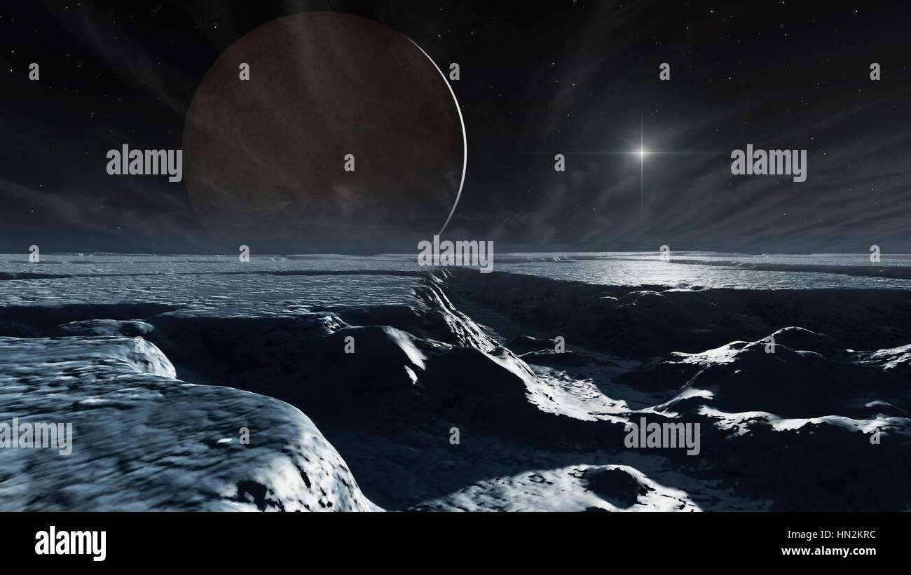 Une impression d'artiste de Charon qu'il pourrait apparaître à partir de la surface de Pluton.Dans cette représentation,Charon's phase est nouveau - c.-à-d. le soleil est directement derrière elle.Donc Charon n'est visible que par faible lumière du soleil que Pluton reflète sur elle de Sun.car Pluton Charon sont verrouillés par les marées,ils gardent même face Banque D'Images