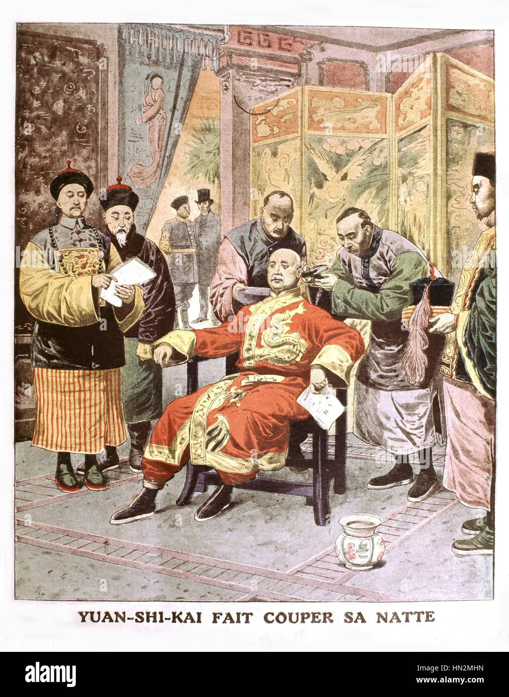 La révolution chinoise Yuan Shikai : avoir sa coupe de cheveux. Publié dans "Le Petit Journal" le 3 mars, 1912 Chine Banque D'Images