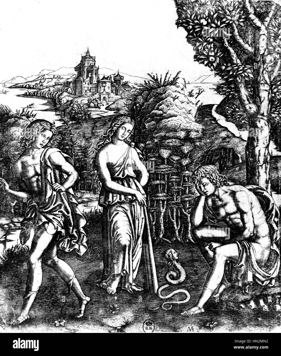 'Une allégorie plutôt mystérieux : une femme, deux hommes et un serpent. La théorie est que la femme va donner à celui qui est séduit par le serpent 16e siècle Marcantonio Raimondi Paris. Bibliothèque nationale Banque D'Images