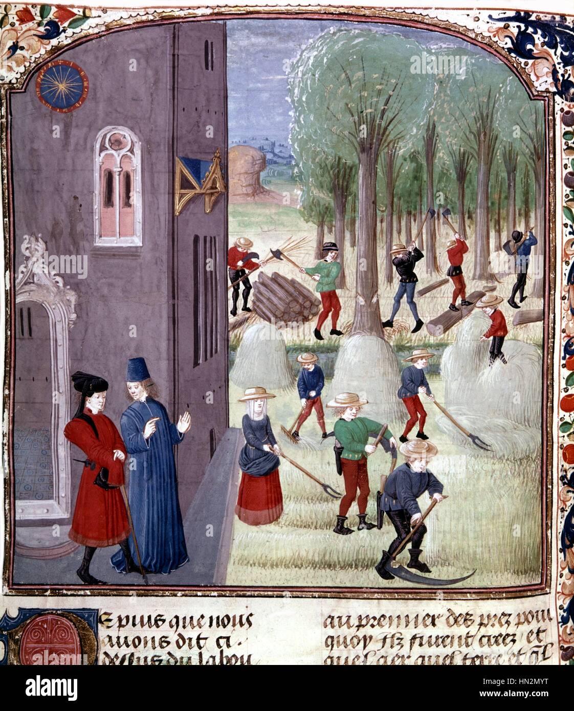 Pierre de Crescens : Livre de l'et 'prouffitz ', Brugge, Studio de Marguerite d'York's master. La récolte de foin et de couper du bois. Fin du 15ème siècle en France Banque D'Images