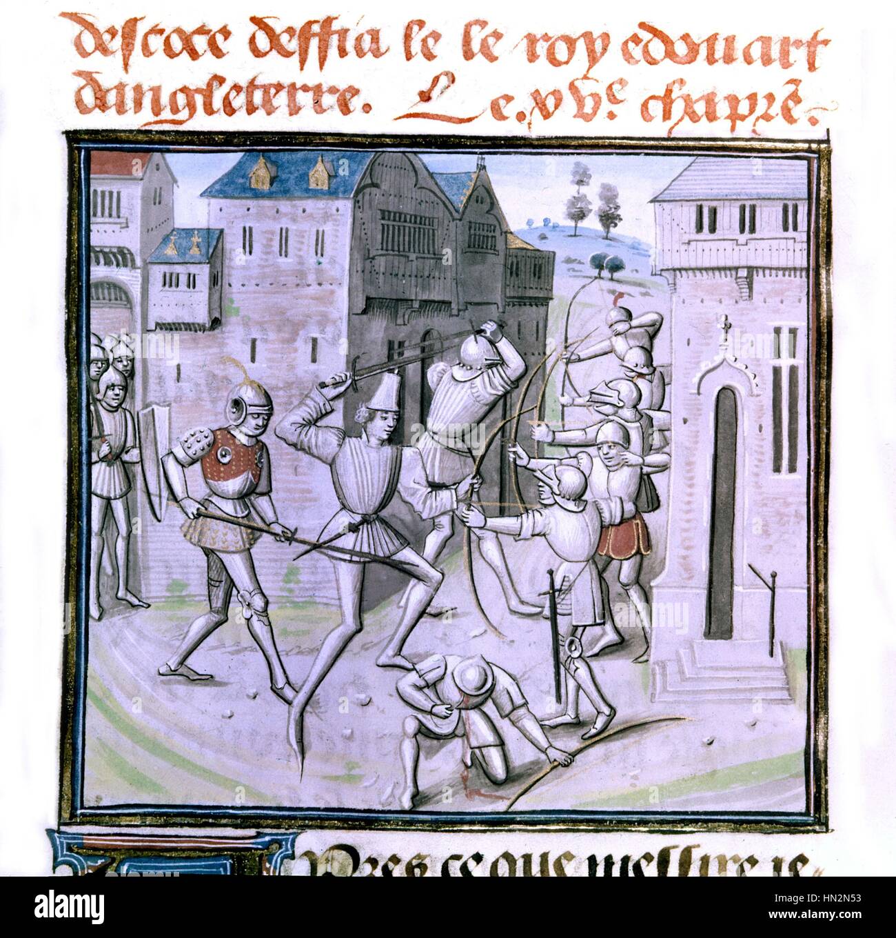 Chroniques de Froissart, roi d'Écosse de défier le roi Édouard d'Angleterre 15e siècle France Paris. Bibliothèque de l'arsenal Banque D'Images