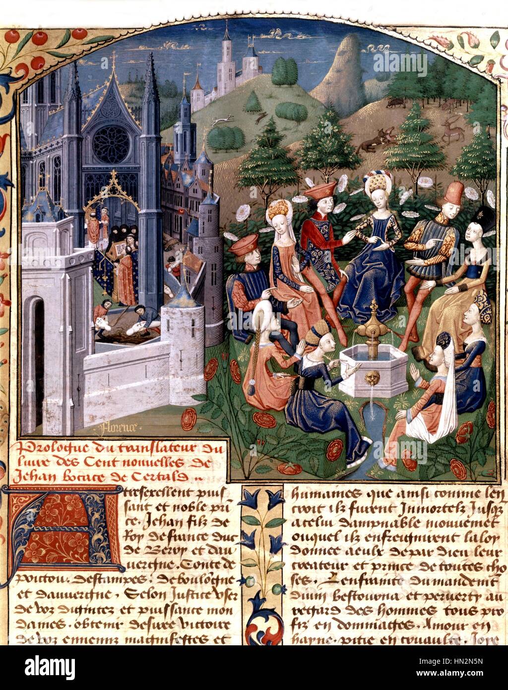 Boccace. "Le Decameron". Réunion des femmes et des lords dans un jardin de Florence (sur la gauche, l'inhumation des morts après la grande peste) Italie 15e siècle Banque D'Images