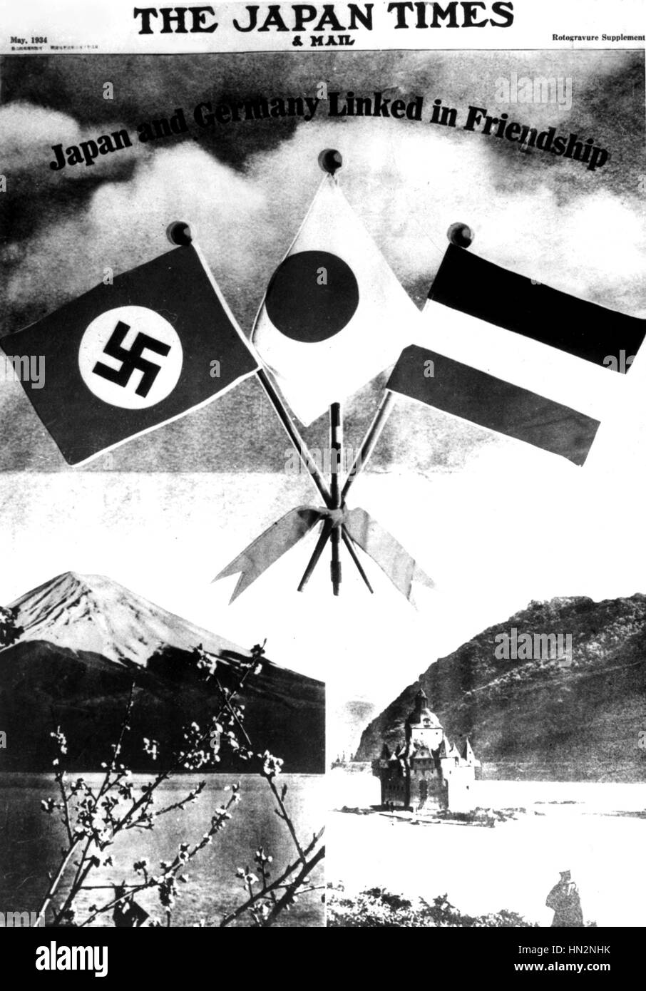L'influence allemande au Japon : le plus célèbre journal japonais en anglais est la "Japan Times" ; dans un numéro spécial, la première page de l'annonce : "Le Japon et l'Allemagne unie dans l'amitié". Le Fujiyama et le Rhin s'affichent côte à côte. Mai 1934 Japon National a Banque D'Images