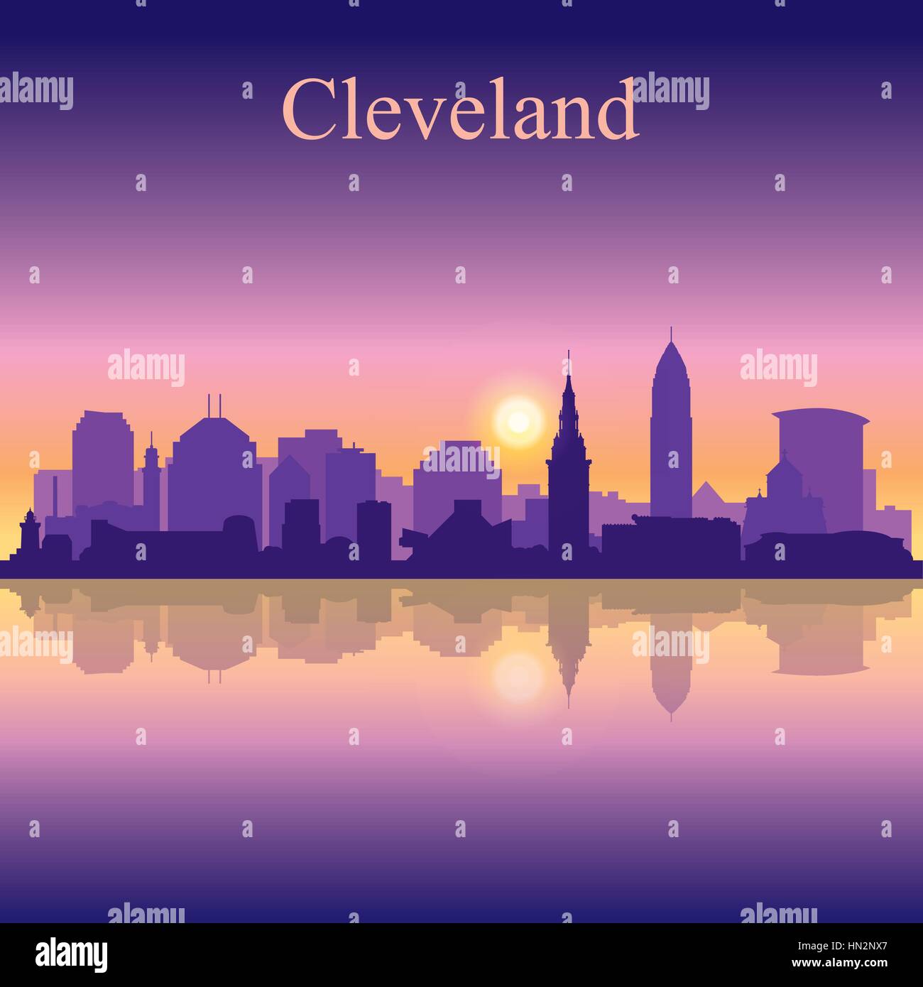 Cleveland silhouette sur fond coucher de soleil, vector illustration Illustration de Vecteur