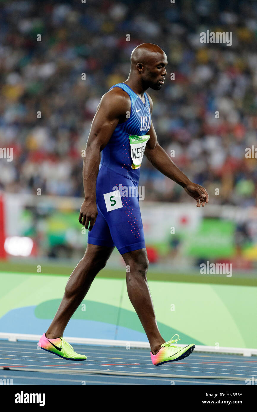 Rio de Janeiro, Brésil. 14 août 2016. L'athlétisme, Lashawn Merritt (USA) en compétition dans l'épreuve du 400 m lors de la finale des Jeux Olympiques d'été de 2016. ©Paul J Banque D'Images
