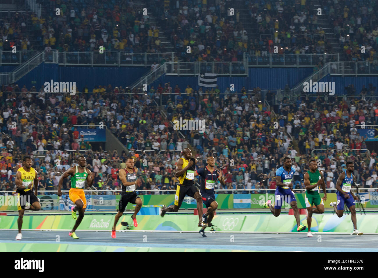 Rio de Janeiro, Brésil. 14 août 2016. L'athlétisme, Usian Bolt (JAM) remporte l'or dans l'épreuve du 100m au final des Jeux Olympiques d'été de 2016. ©PAUL J. Banque D'Images