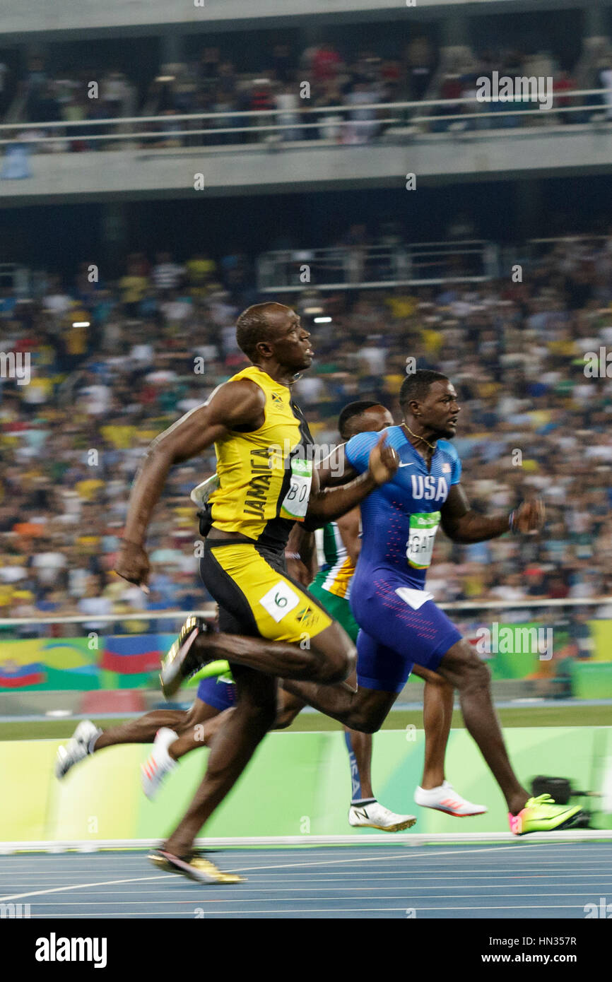 Rio de Janeiro, Brésil. 14 août 2016. L'athlétisme, Usian Bolt (JAM) remporte l'or dans l'épreuve du 100m au final des Jeux Olympiques d'été de 2016. ©PAUL J. Banque D'Images