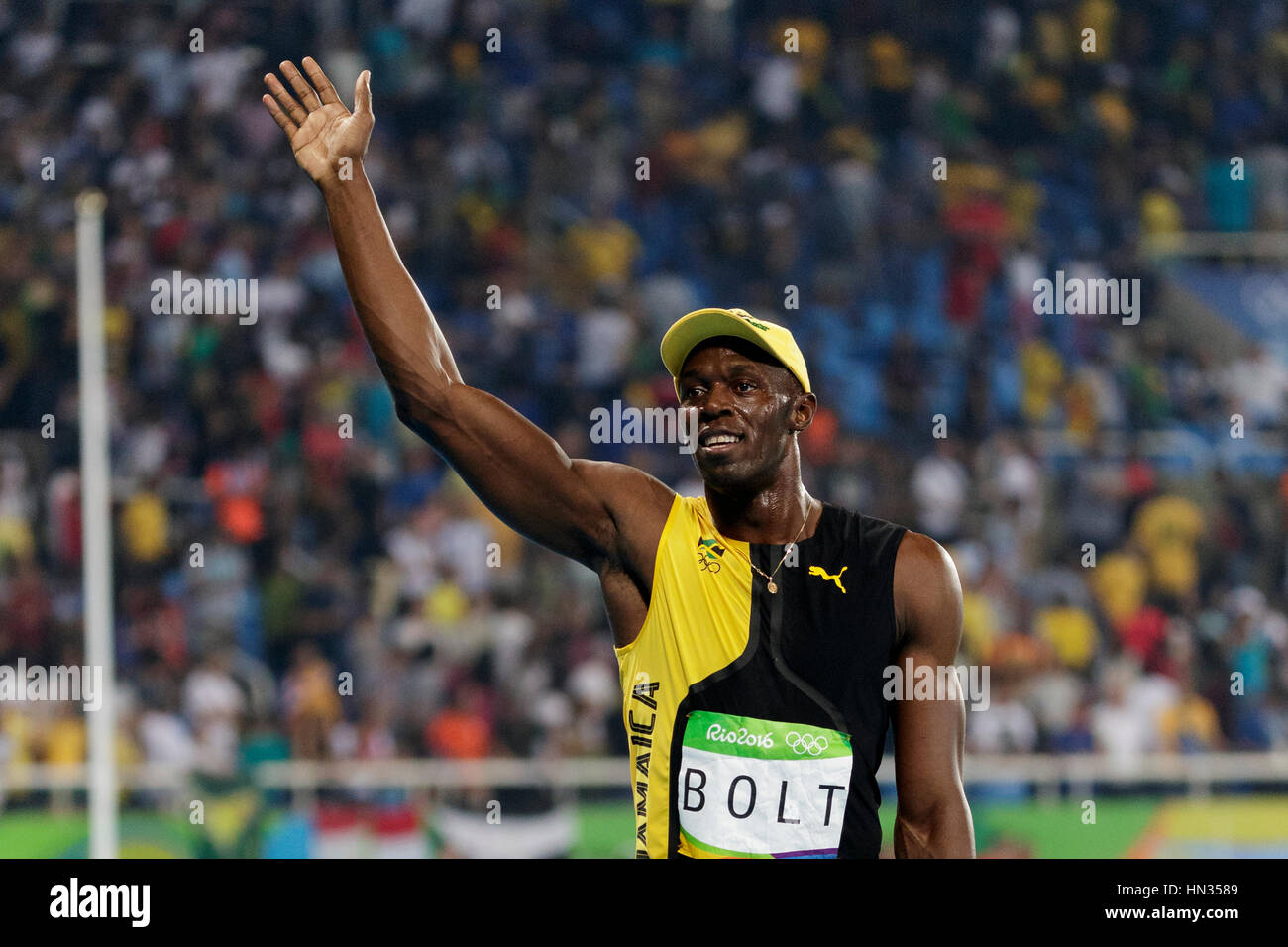Rio de Janeiro, Brésil. 14 août 2016. L'athlétisme, Usian Bolt (JAM) remporte l'or dans l'épreuve du 100m au final des Jeux Olympiques d'été de 2016. ©PAUL J. Banque D'Images