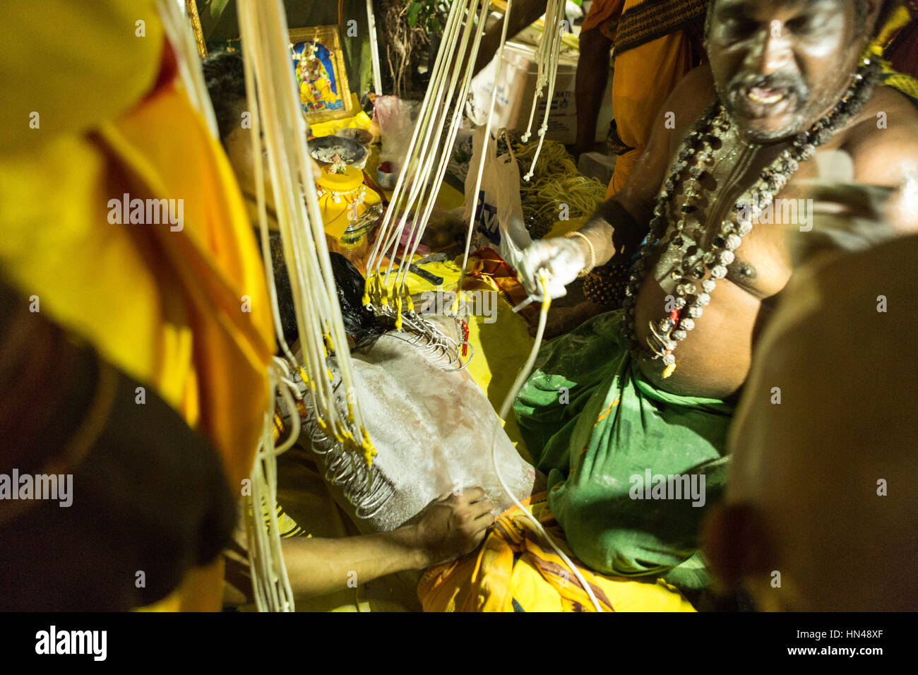 Kuala Lumpur, Malaisie. Le 08 février, 2017. Un hindou a son dos percé de crochets avant de faire son chemin vers les grottes de Batu temple pour faire des offrandes au cours de la Thaipusam Festival sur la banlieue de Kuala Lumpur, le mercredi, 8 février 2017. Thaipusam est une fête hindoue observée par la communauté de langue tamoule en Malaisie commémorant l'anniversaire du dieu hindou Murugan. Le Lord Murugan est vénéré comme un de faveurs transunion of Canada Inc. - si le désir est accordée, suppliants rembourser le Seigneur par des sacrifices. Dossier de crédit : Asie/Alamy Live News Banque D'Images