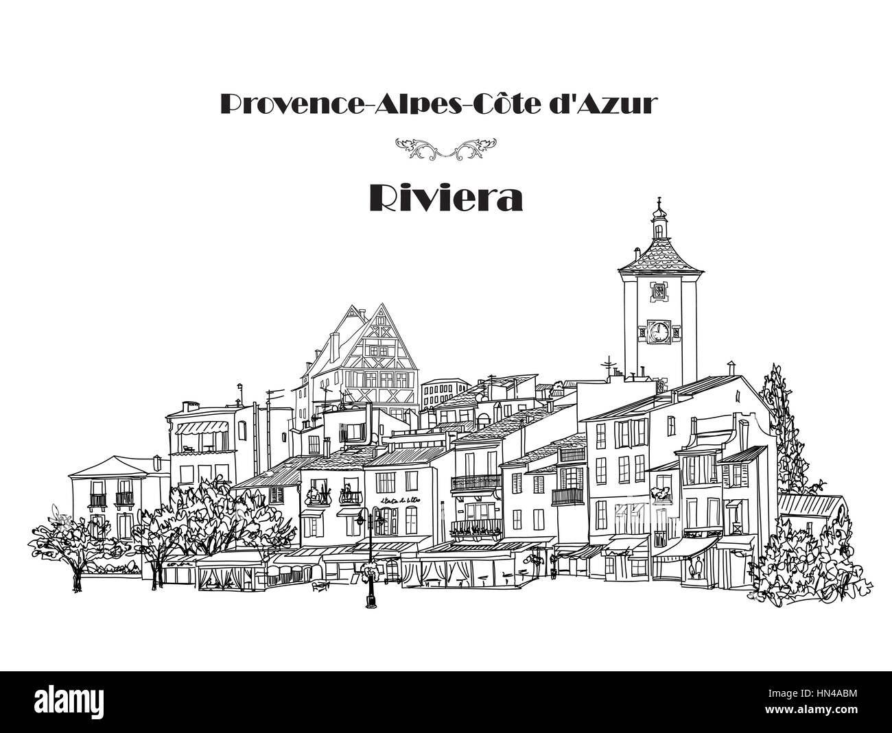 Vieille ville avec vue sur le château médiéval château européen. l'arrière-plan. paysage dessiné au crayon dessin vectoriel Illustration de Vecteur