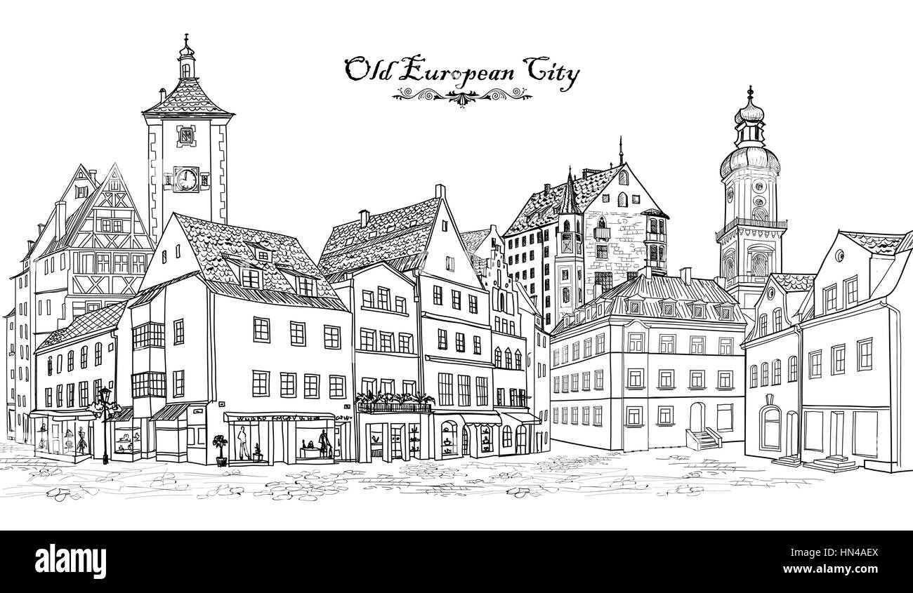 Rue avec de vieux bâtiments et d'un café dans la vieille ville. cityscape - maisons, immeubles et arbre sur ruelle. Vue sur la vieille ville médiévale château européen. paysage. Illustration de Vecteur