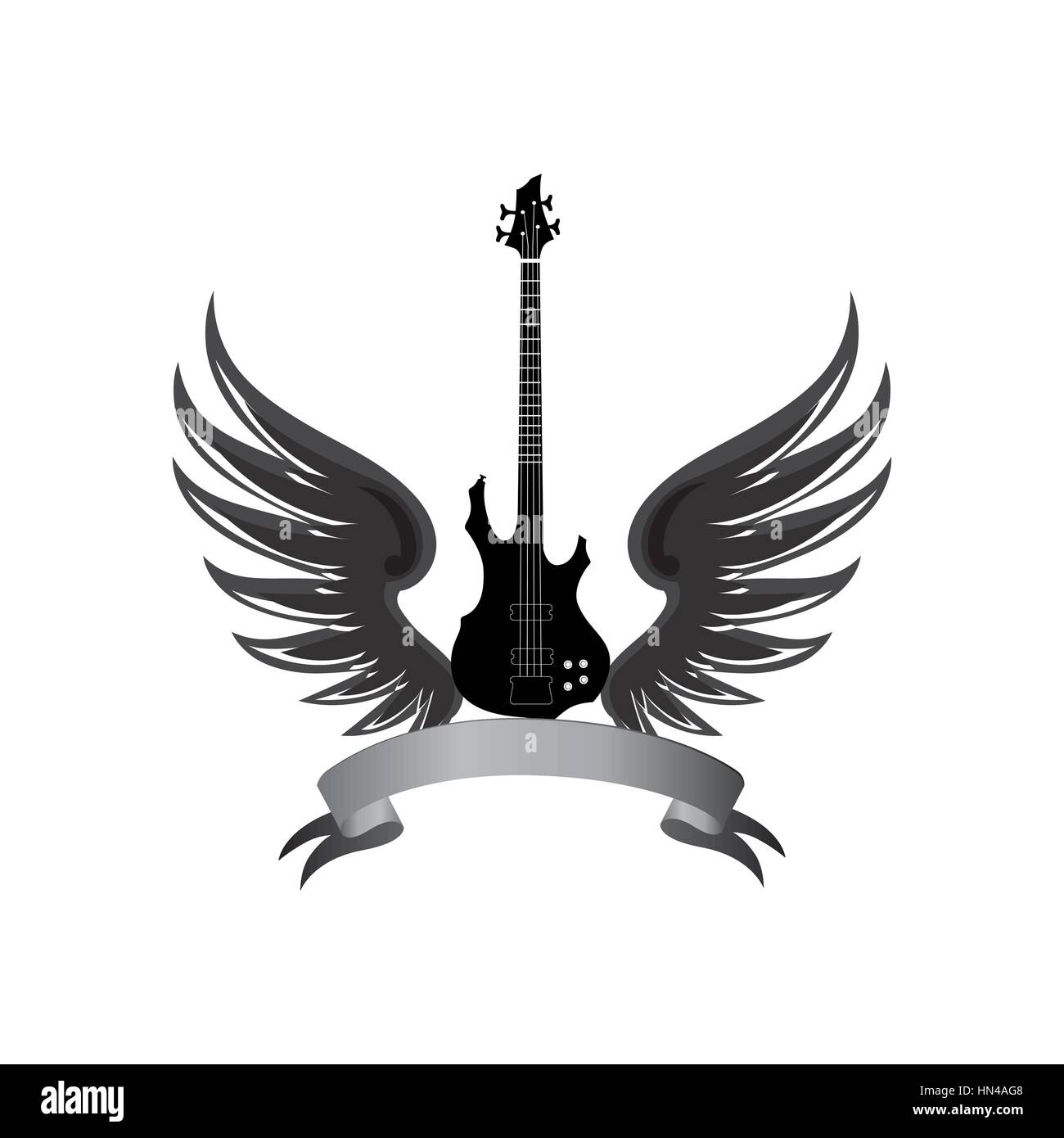Illustration musicale avec des silhouettes de guitare, ailes. la musique rock symbole. guitare électrique avec des ailes et ruban bow pour le texte. instrument muical backg Illustration de Vecteur