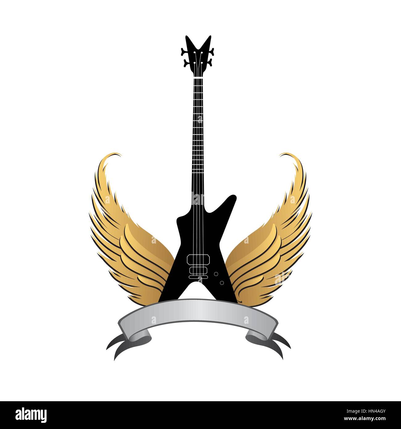 Illustration musicale avec des silhouettes de guitare, ailes. la musique rock symbole. guitare électrique avec des ailes et ruban bow pour le texte. instrument muical backg Illustration de Vecteur