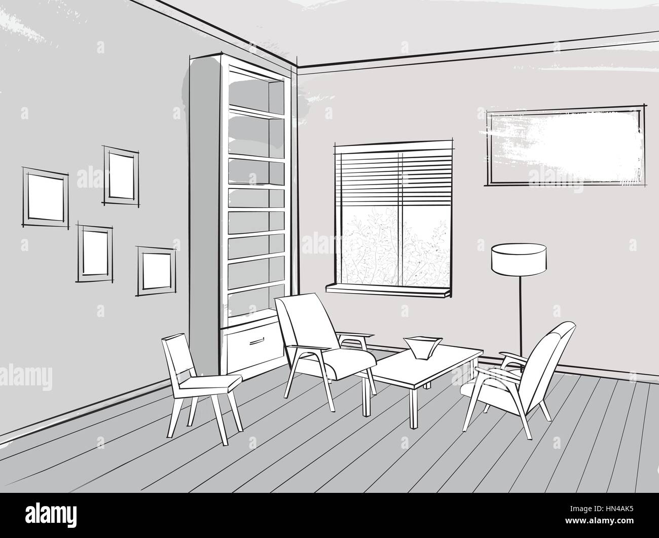 Salon living room interior sketch pour la lecture avec fauteuil Illustration de Vecteur