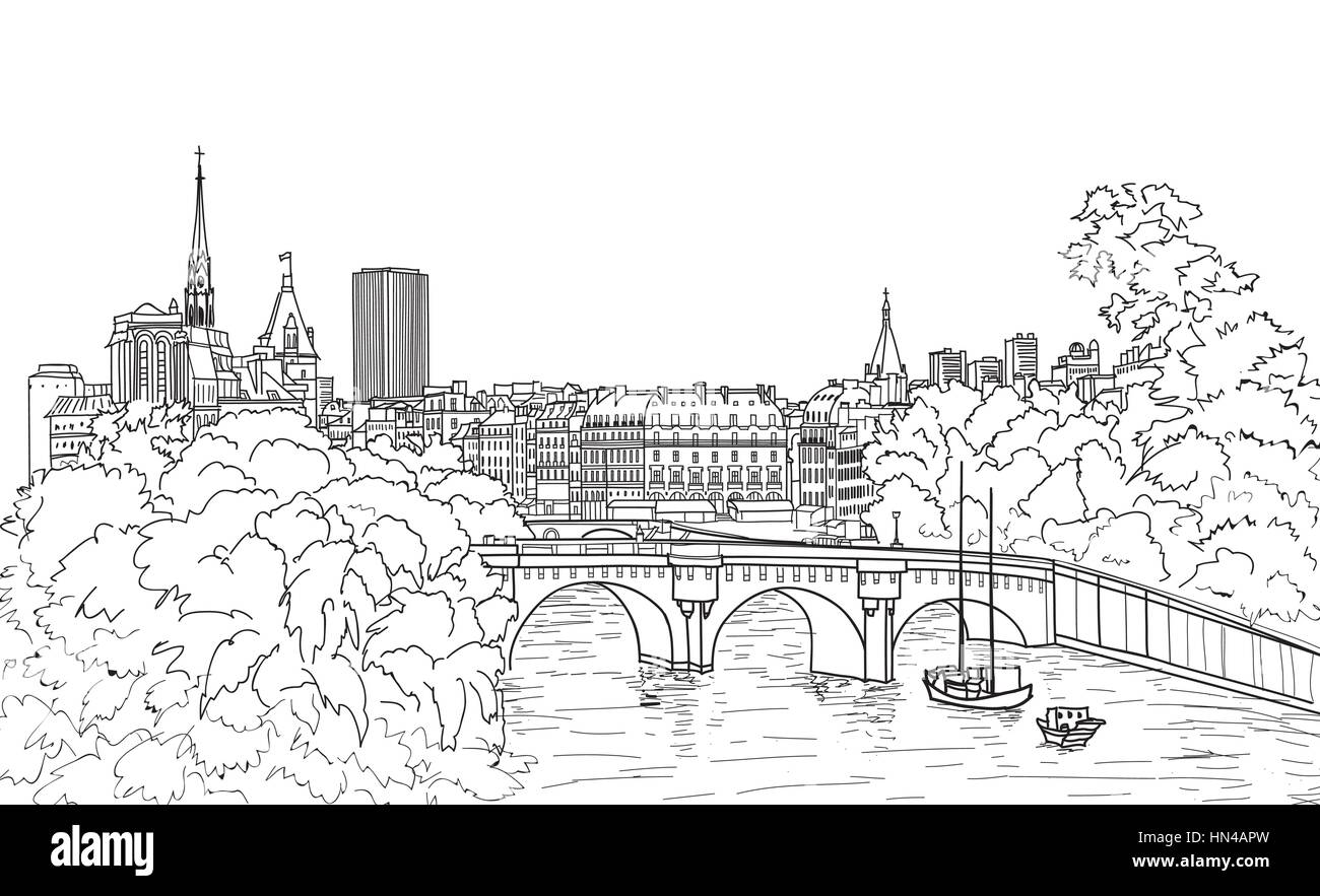 Riverside Street view dans la vieille ville. paris paysage urbain avec vue sur la rivière et le pont Illustration de Vecteur