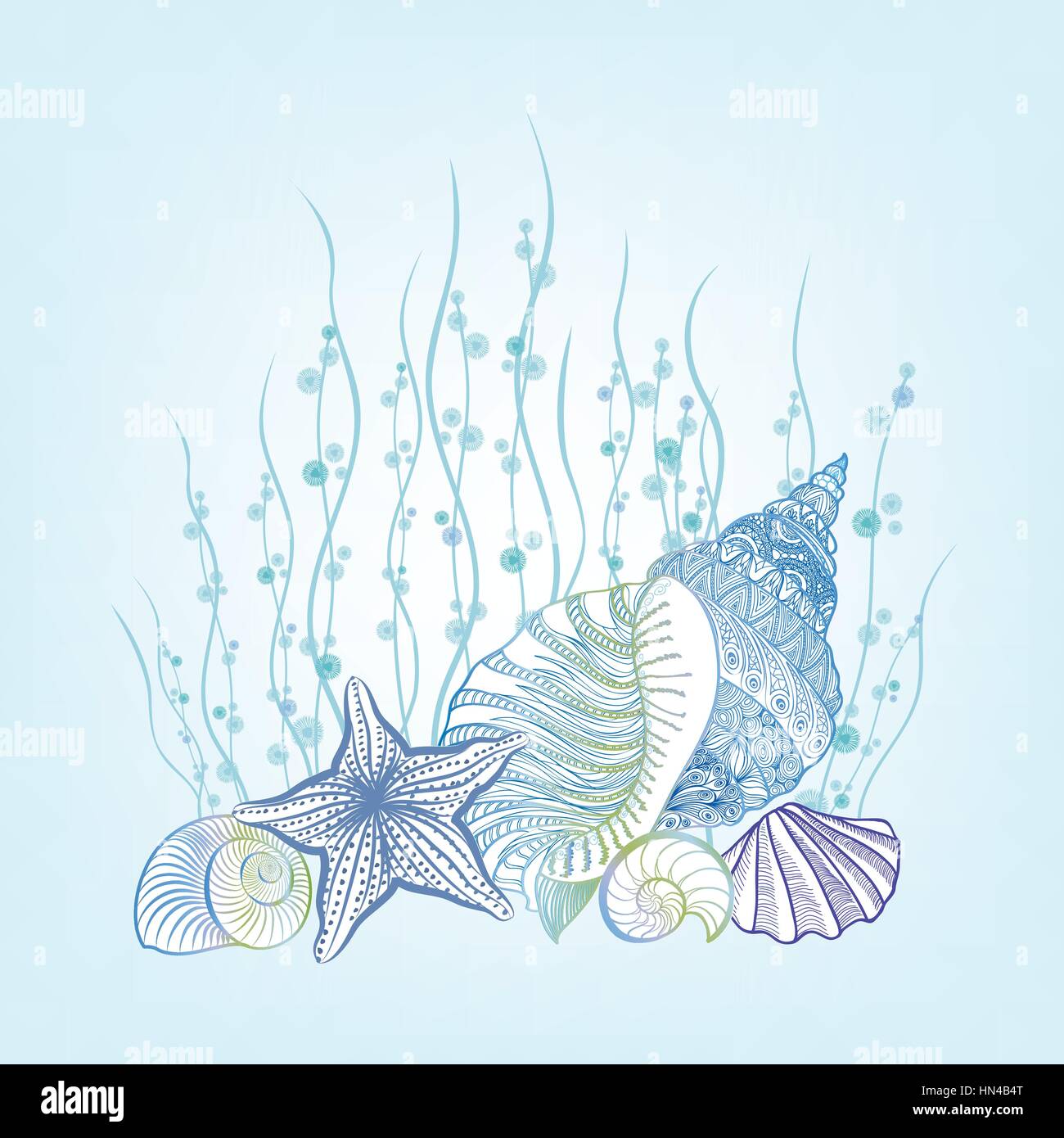 Arrière-plan de coquillage des vacances concept. vector background avec les coquillages, étoiles de mer et de sable. La gravure à la main sous l'eau style de vie marine encore Illustration de Vecteur