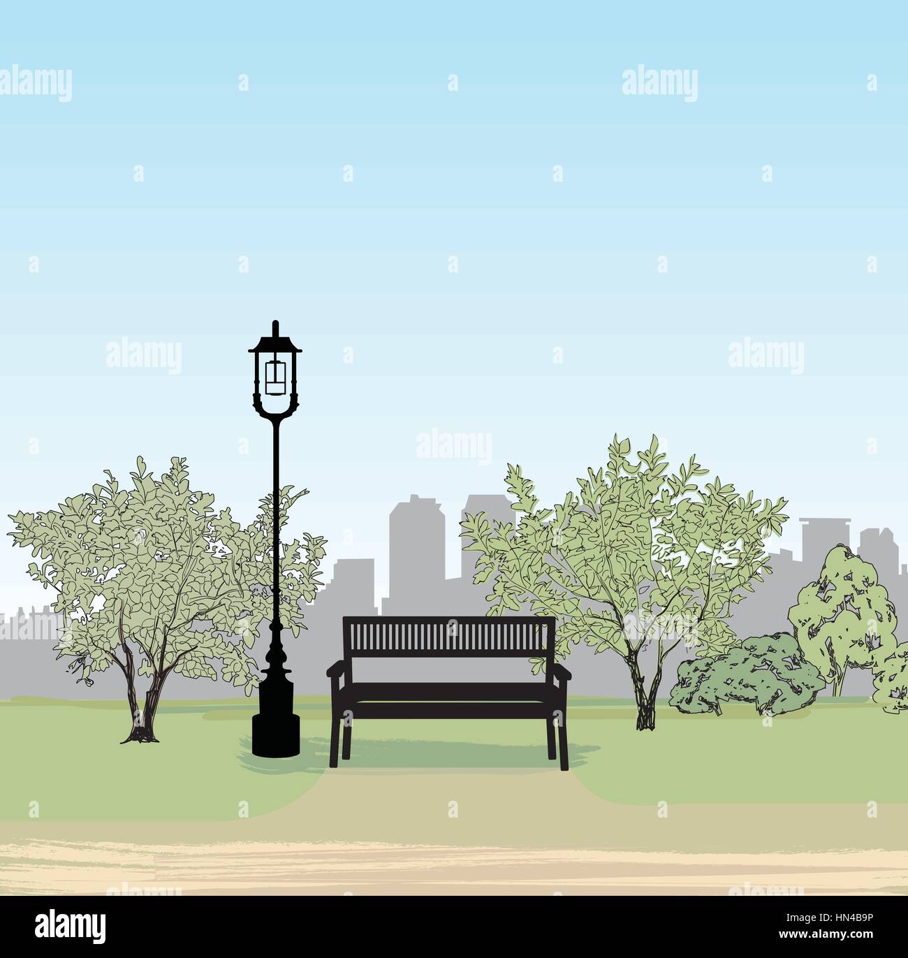 Banc de parc de la ville. Les arbres et les plantes. Paysage avec banc. cityscape vector illustration Illustration de Vecteur