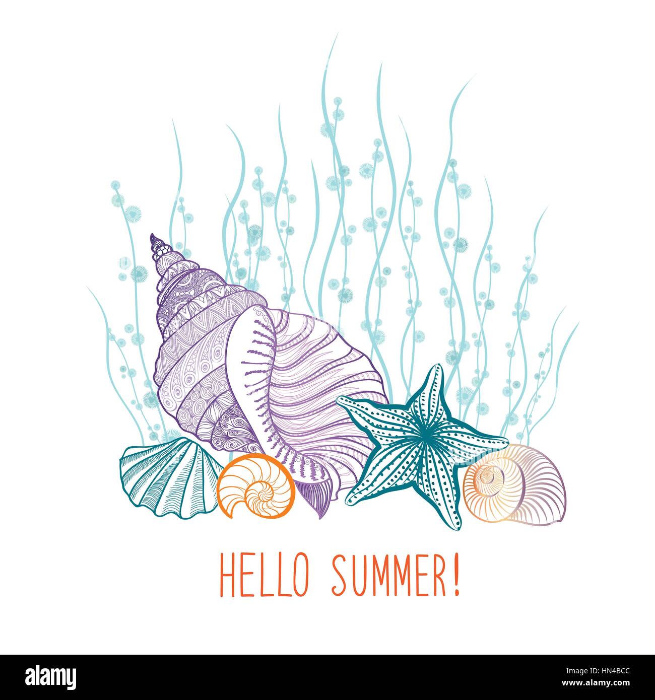 Vacances d'été. fond couvercle avec étoile de mer coquillage. hello Summer Greeting card. doodle vector illustration Illustration de Vecteur