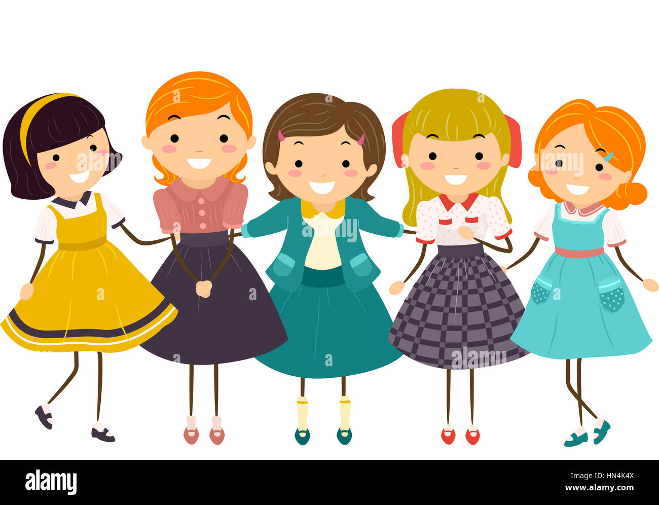 Stickman Illustration de petites filles portant des vêtements vintage Banque D'Images