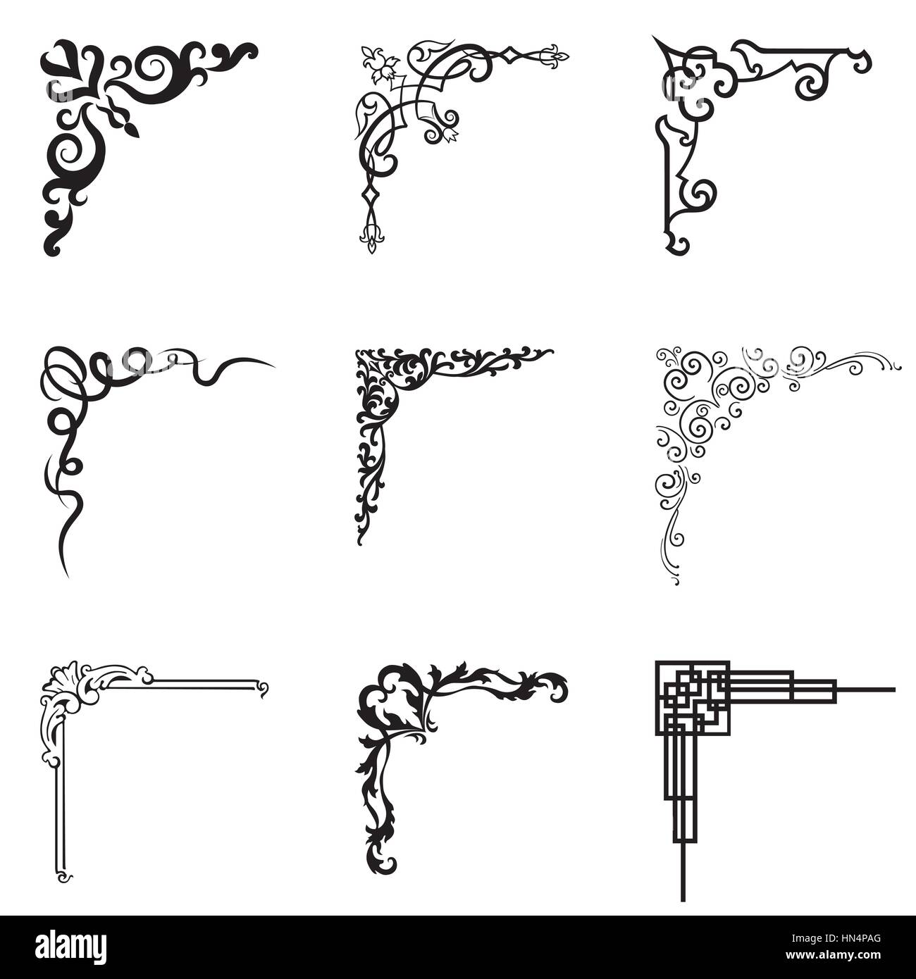 Floraux et géométriques ornementales dans différents coins style. vector set of design illustration noir et blanc Illustration de Vecteur