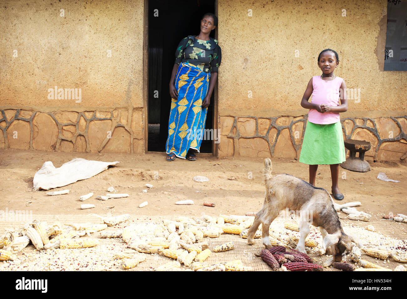Jeune fille ougandaise pose pour la caméra à l'extérieur de leur maison, avec mère appuyé contre la porte et l'alimentation de la chèvre dans la cour Banque D'Images