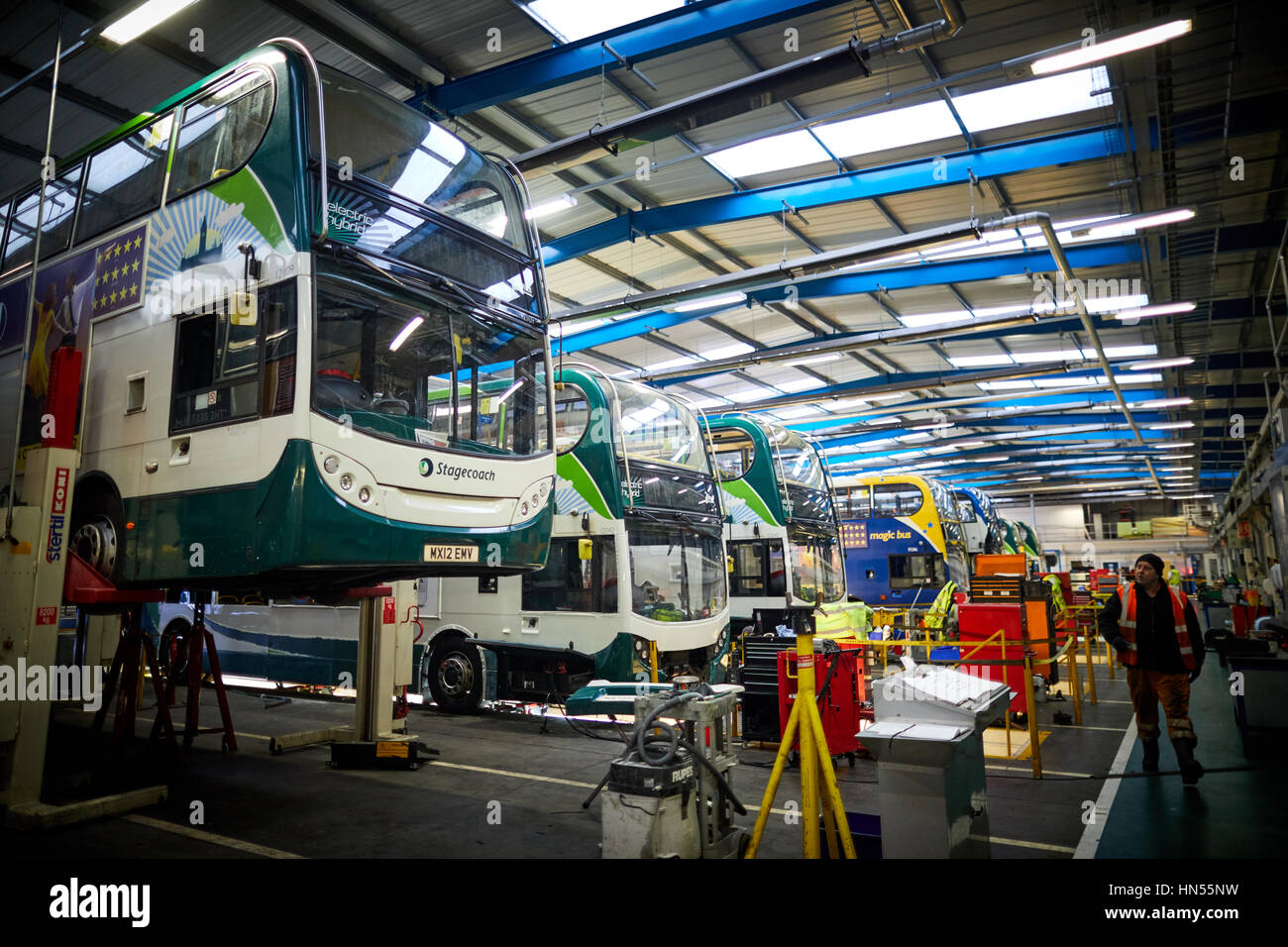 Maintenant la flotte de ventilés double decker bus à Stagecoach opérateurs bus depot Wythenshawe de Manchester, Angleterre, RU Banque D'Images