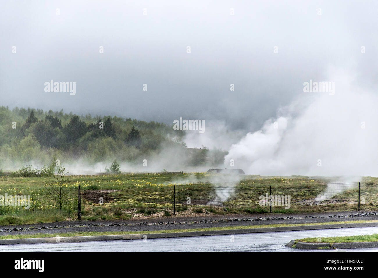 Le Grand Geyser Strokkur en Islande brouillard chaud géologie Banque D'Images