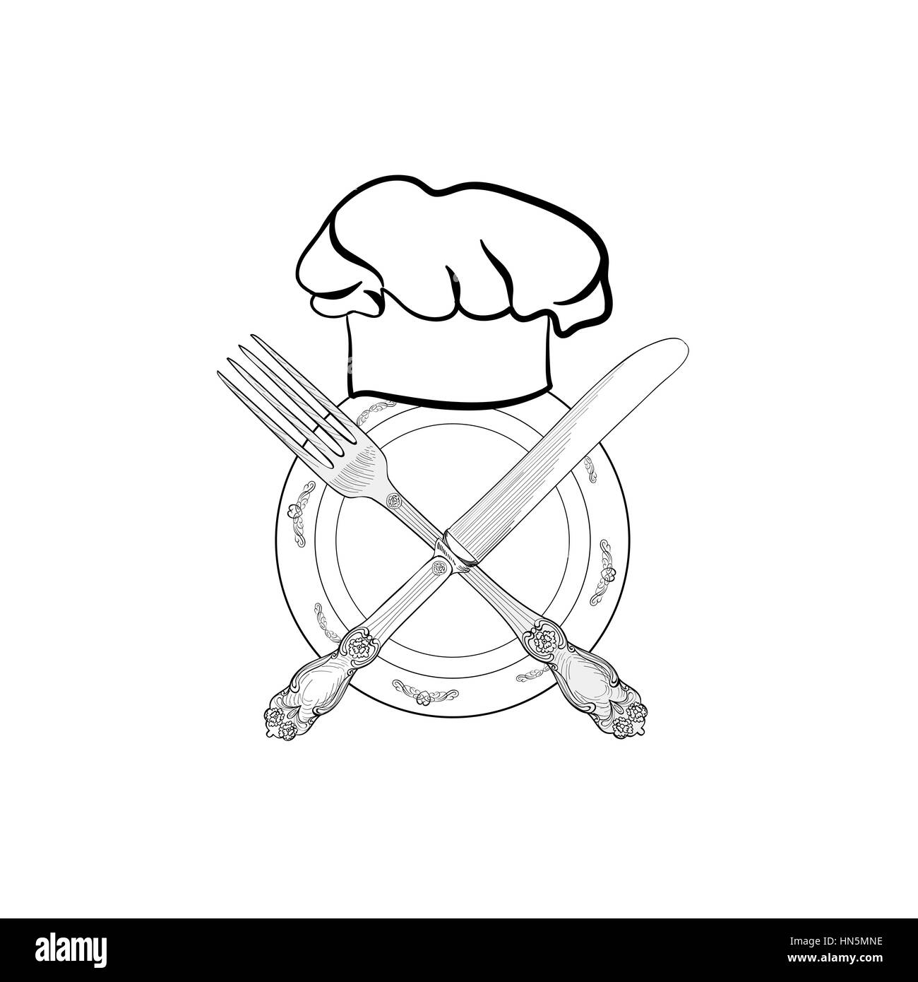 Chef cuisine hat avec fourchette et couteau dessin croquis label. couverts. l'icône de restauration et vecteur insigne de service restaurant restaurant chef symbole de l'exploitation. Illustration de Vecteur