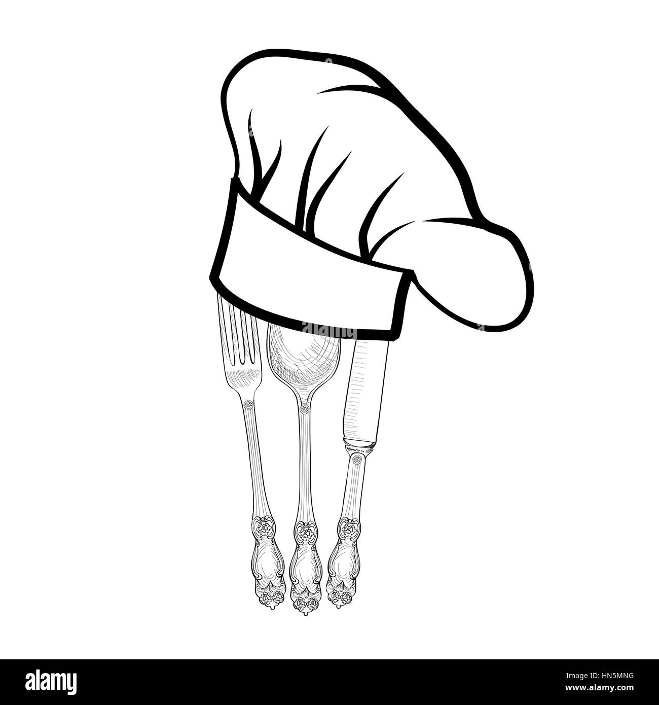 Chef cuisine hat avec fourchette, cuillère et couteau dessin croquis label.  couverts icône. vector de la restauration et service restaurant restaurant  symbole c en 1914 Image Vectorielle Stock - Alamy