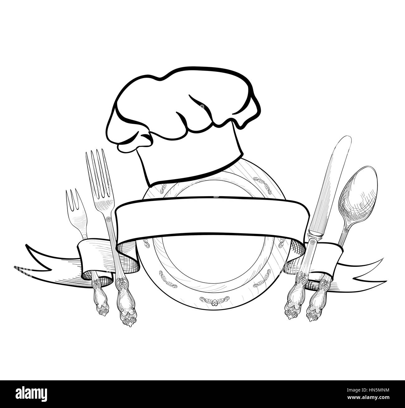 Chef cuisine hat avec fourchette, cuillère, couteau et croquis dessin main plaque étiquette. icône de coutellerie. vecteur restauration et service restaurant restaurant en 1914. Illustration de Vecteur