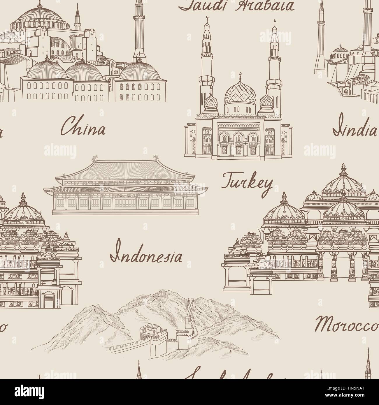 Asie voyage historique. célèbres seamless pattern. pays asiatique voyage motif traditionnel architectura transparente. locations en Asie wal Illustration de Vecteur