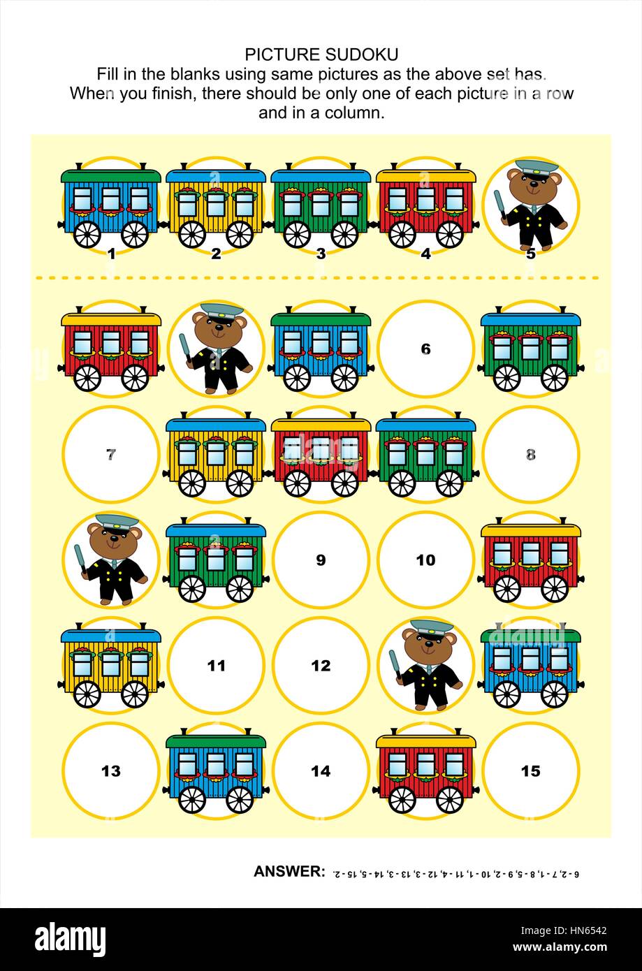 Photo à thème ferroviaire sudoku 5x5 (un bloc) avec voitures de train et l'ours comme l'homme de fer. Réponse inclus. Illustration de Vecteur