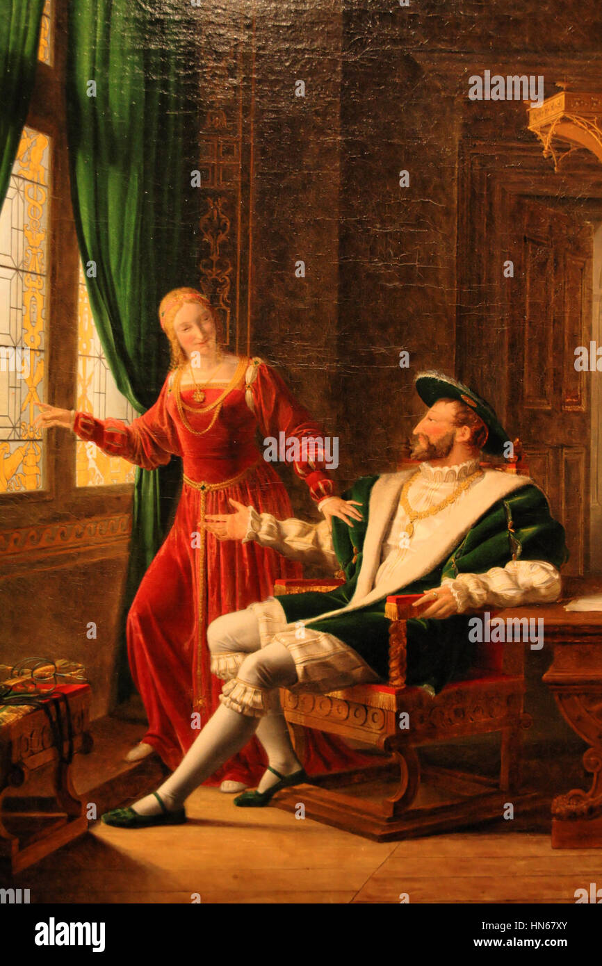 Les vers qu'il vient d'écrire sur une vitre avec son diamant par Fleury François Richard - détail, DxO HDR sa soeur, 004. François Ier montre à Marguerite de Navarre Banque D'Images