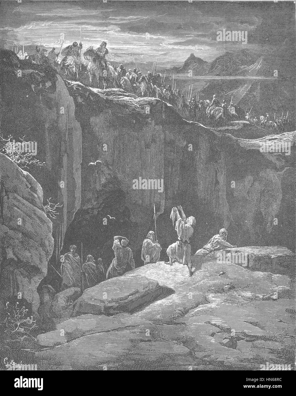 David montre à Saul comment il a épargné sa vie est une scène biblique illustrant le moment où David démontre sa miséricorde au roi Saul, épargnant sa vie. L'œuvre capture l'intensité émotionnelle de la rencontre, mettant l'accent sur les thèmes du pardon et de l'humilité. Banque D'Images
