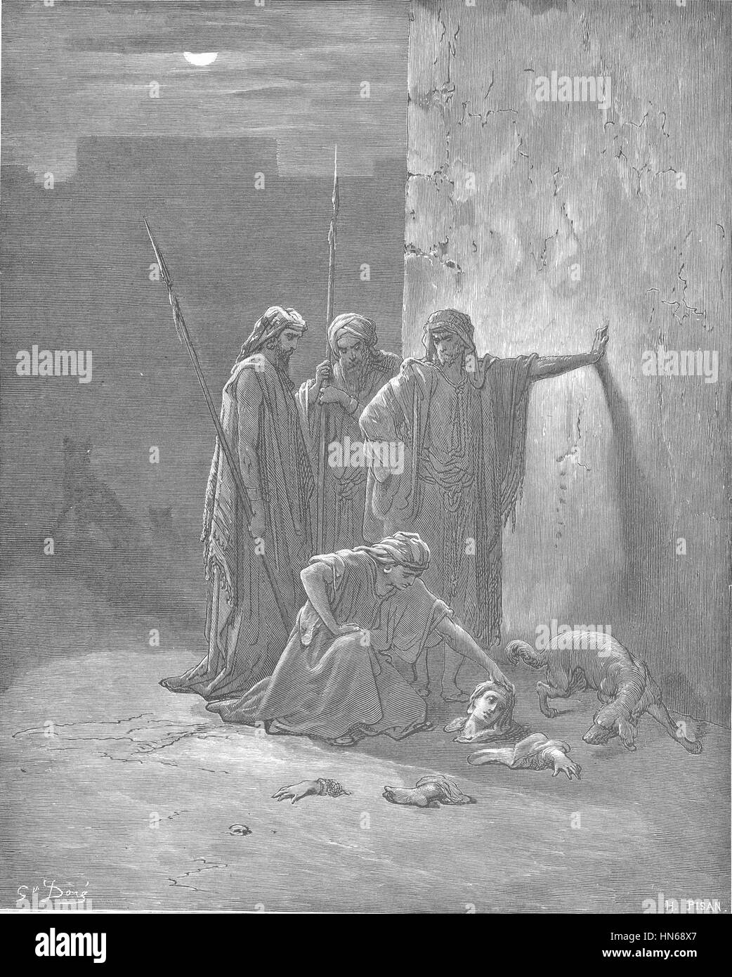 Cette peinture représente la scène biblique dans laquelle les compagnons de Jéhu découvrent les restes de la reine Jézabel après sa mort. Le moment dramatique capture l'accomplissement de la prophétie et est une représentation vivante de l'histoire biblique. Banque D'Images
