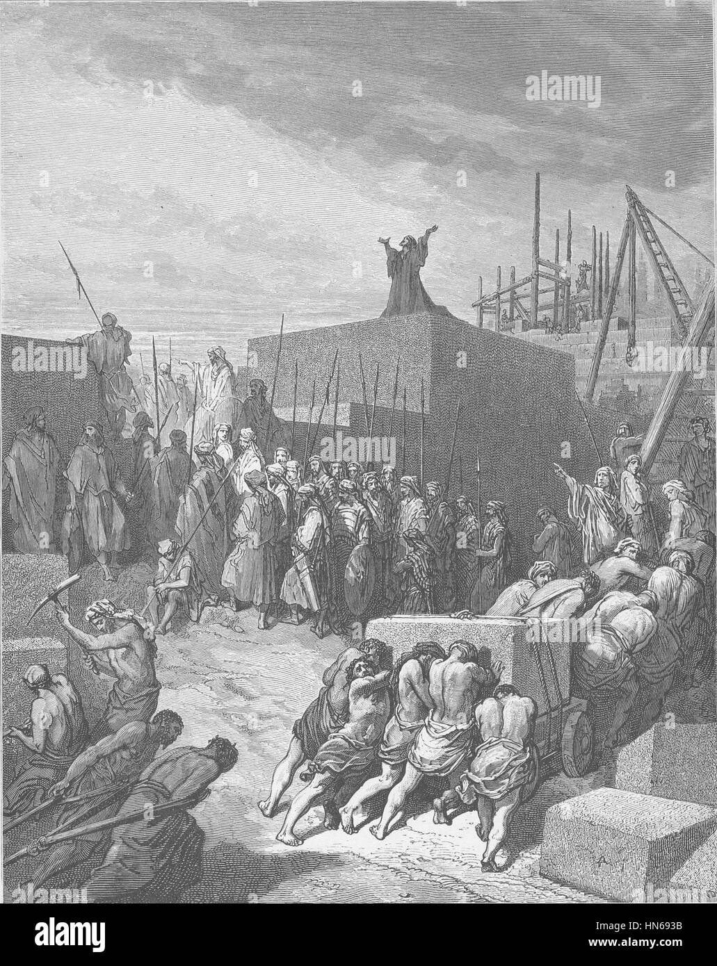 « La reconstruction du Temple est commencée » illustre un moment important de l'histoire biblique, le début de la reconstruction du temple juif à Jérusalem. La peinture capture l'importance historique et religieuse de l'événement. Banque D'Images