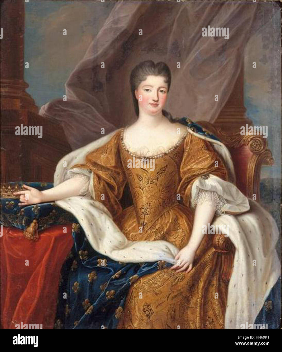 Assis à côté d'une couronne d'une princesse du sang par Pierre Gobert (Versailles), 1713 Portrait de Marie Anne de Bourbon (1689-1720), princesse de Condé portant la Fleur-de-lis Banque D'Images