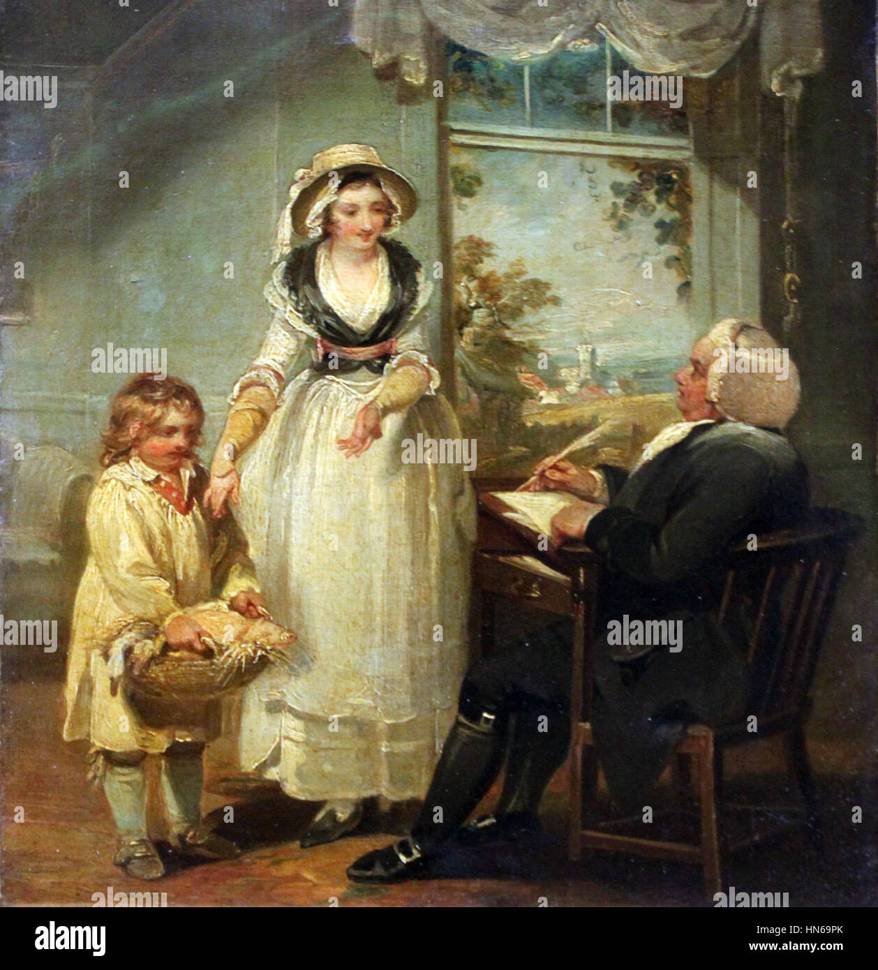 'Der Vikar empfängt den Zehnten' de Singleton, peint en 1792, représente un prêtre recevant la dîme. La scène est riche en thèmes agricoles, mettant en évidence la vie rurale et l'importance des devoirs religieux dans la communauté à la fin du XVIIIe siècle. Banque D'Images