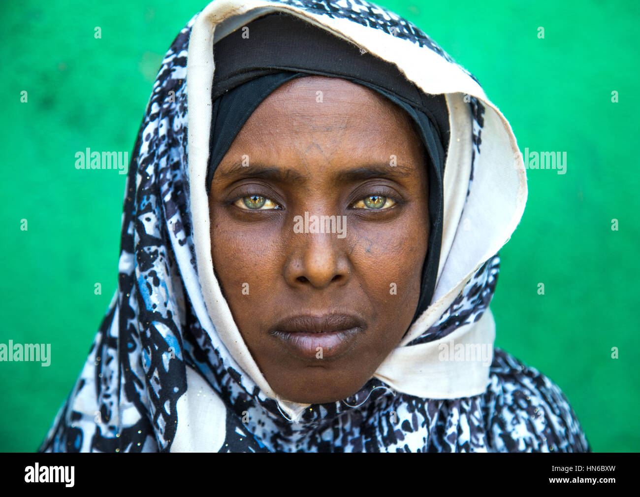 Portrait d'une femme de la tribu Afar avec les yeux verts et des tatouages sur son visage, région Afar, Ethiopie, Assaita Banque D'Images