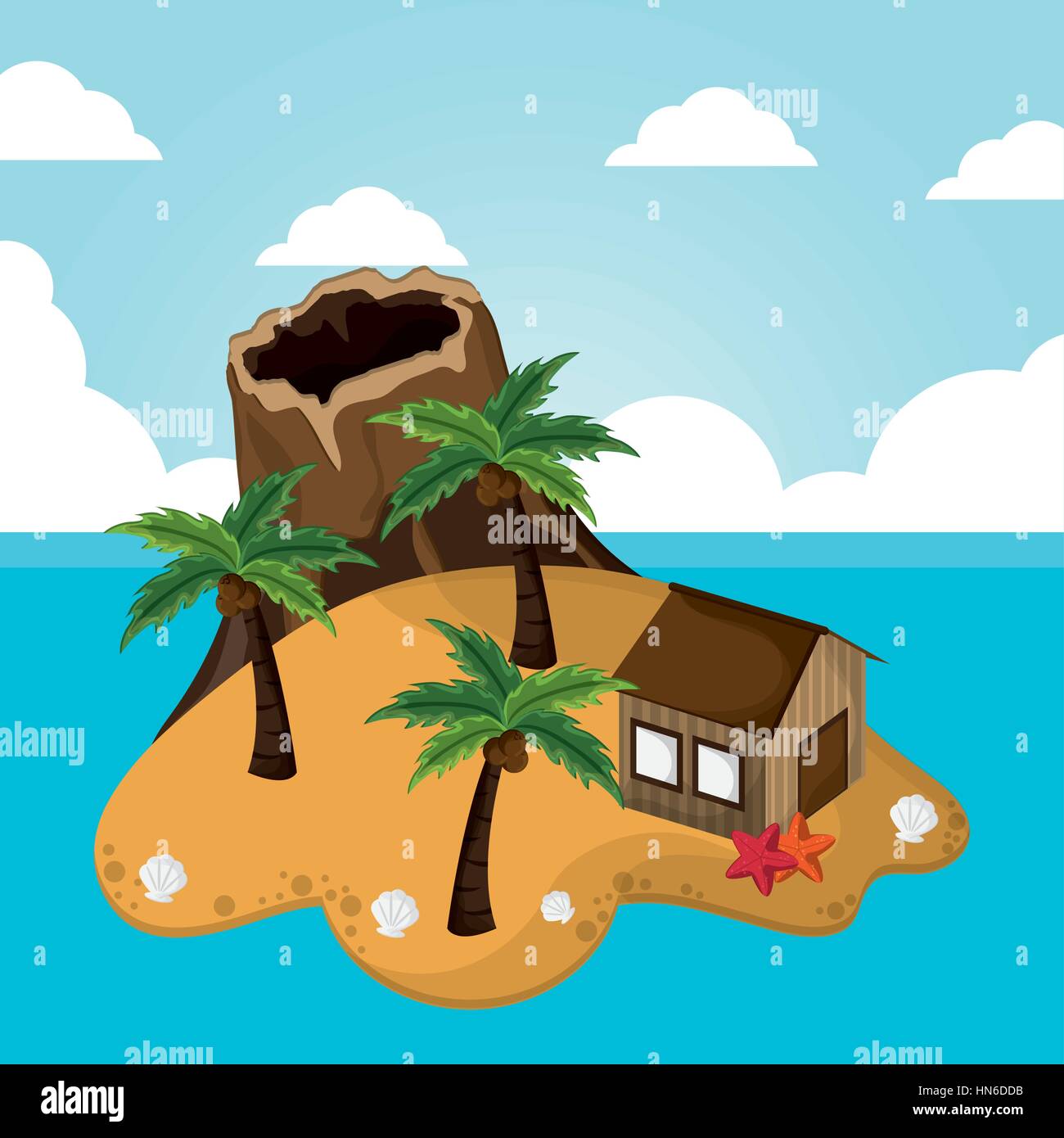 Volcano island hut étoile de mer vacances palm Illustration de Vecteur