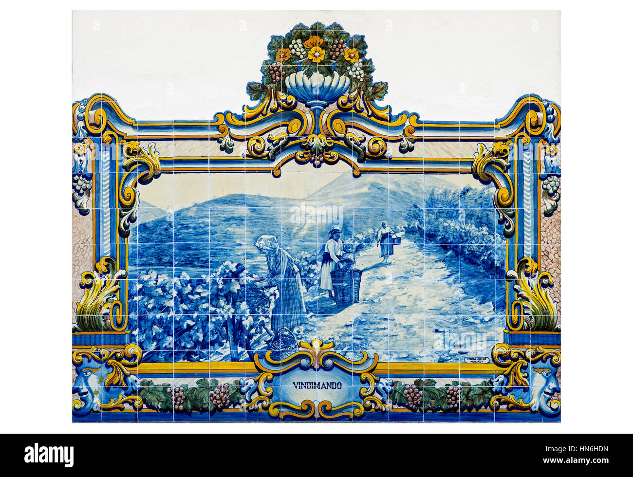 Azulejo, carreaux de céramique avec motif vendanges, région viticole du Haut-Douro, Pinhao, Portugal Banque D'Images