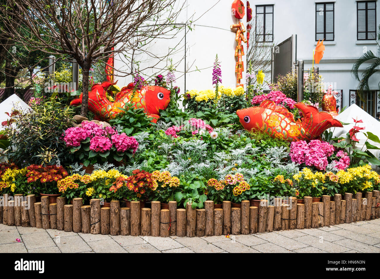 Décorations du Nouvel An chinois à Hong Kong Park Banque D'Images