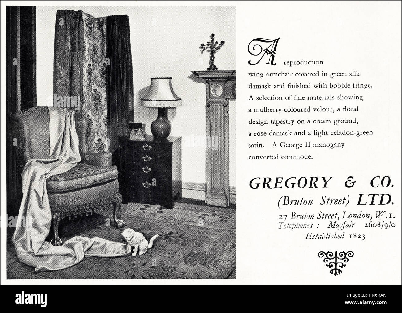 1950 annonce publicitaire de l'original old vintage magazine anglais daté 1950 Publicité pour chambre fournisseurs Gregory & Co de Bruton Street London England UK Banque D'Images