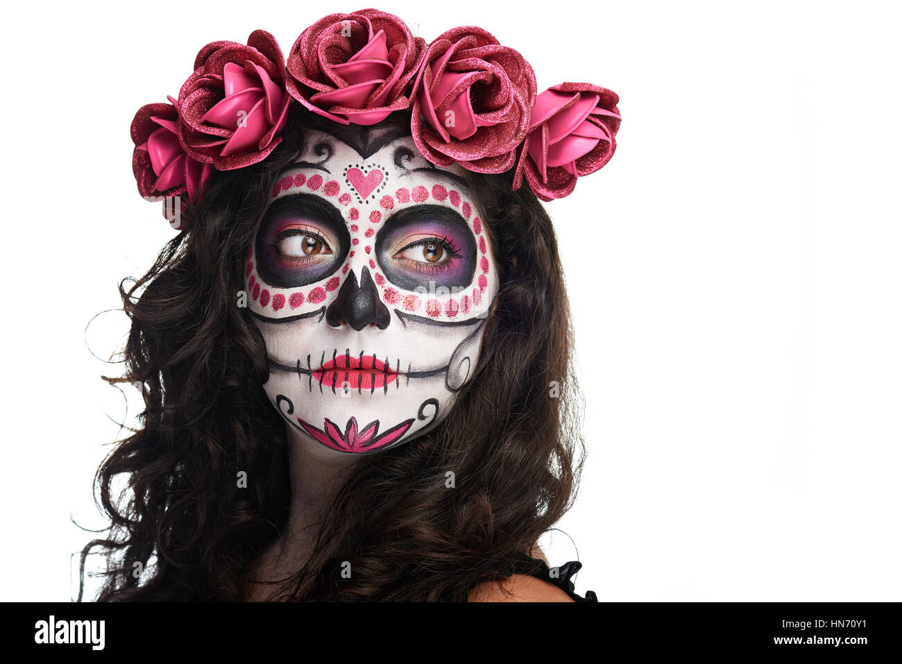 Catrina crâne maquillage pour halloween isolé sur fond blanc Banque D'Images