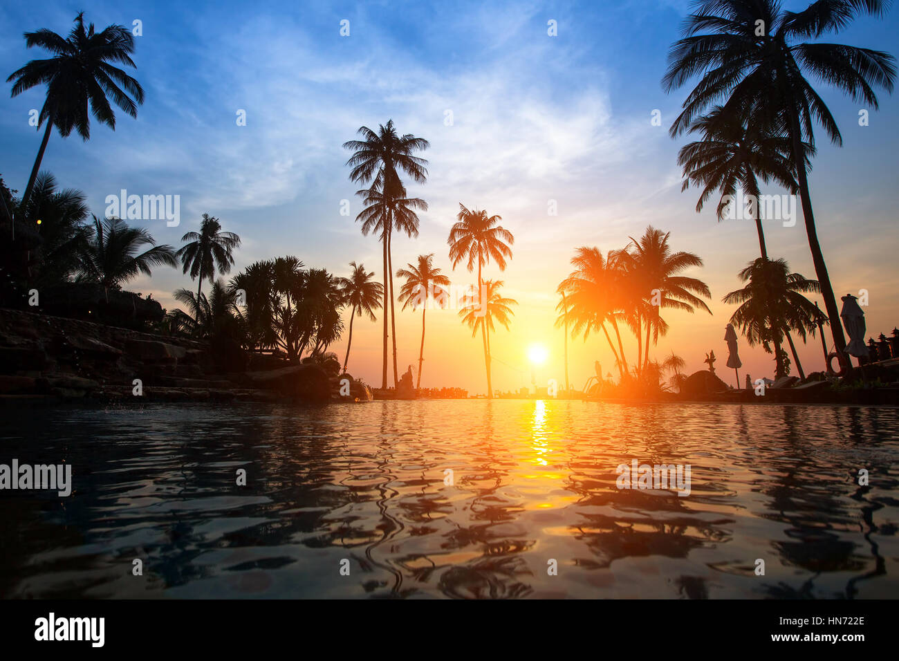 Coucher du soleil brillant au milieu des palmiers sur une plage tropicale. Banque D'Images
